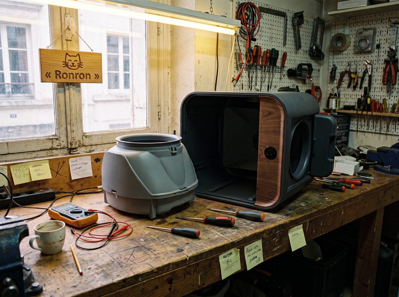 Poste de travail de l'atelier : une litière KATTO ouverte sur l'établi devant le panneau d'outils