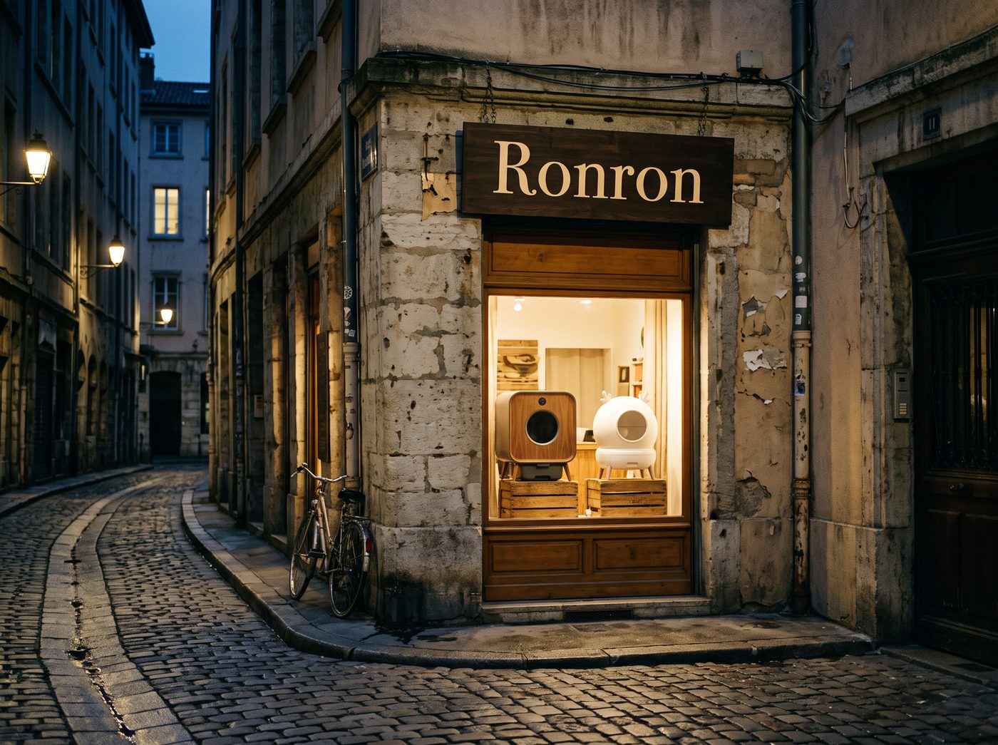 La boutique Ronron à Lyon à la tombée du soir : l'enseigne éclairée au-dessus de la vitrine et les deux litières KATTO présentées à l'intérieur
